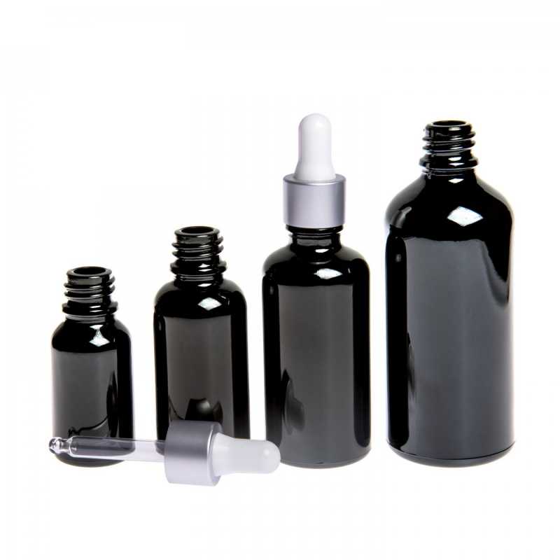 Theglass bottle, the so-called vial, is made of high quality black glass with a glossy surface. This ensures that light does not penetrate the bottle and thus p