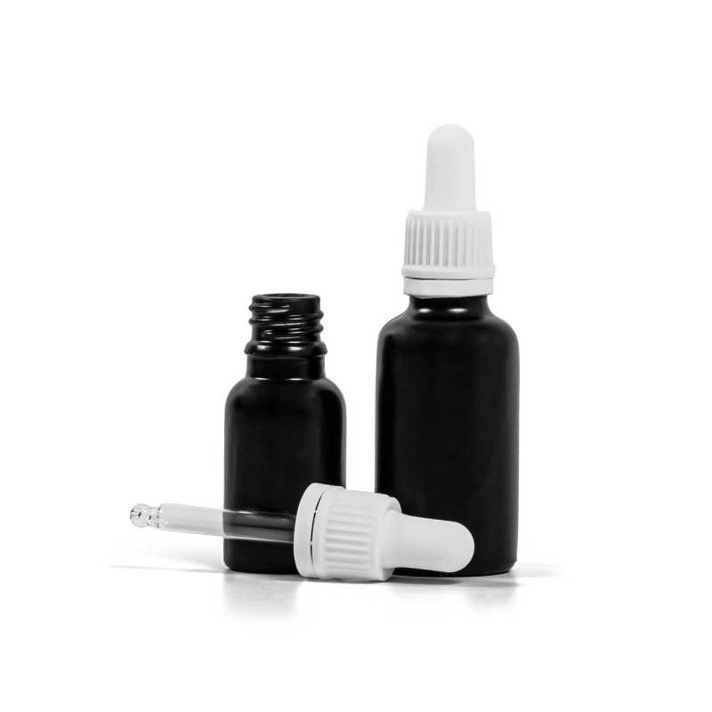 Theglass bottle, the so-called vial, is made of thick glass in black matt finish. It is used for storing liquids, which, thanks to its colour, it effectively pr