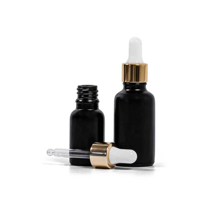 Theglass bottle, the so-called vial, is made of thick glass in black matt finish. It is used for storing liquids, which, thanks to its colour, it effectively pr