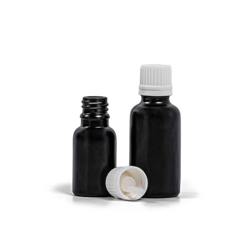 Theglass bottle, the so-called vial, is made of thick glass in black matt finish. It is used for storing liquids, which, thanks to its colour, it effectively pr