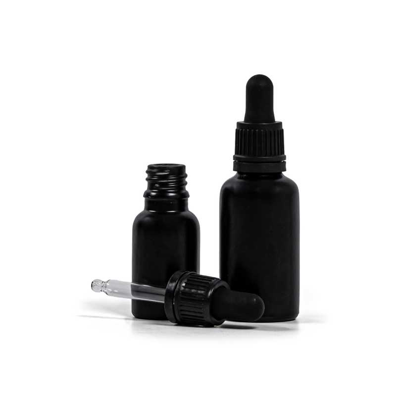 Theglass bottle, the so-called vial, is made of thick glass in black matt finish. It is used for storing liquids, which, thanks to its colour, it effectively pr