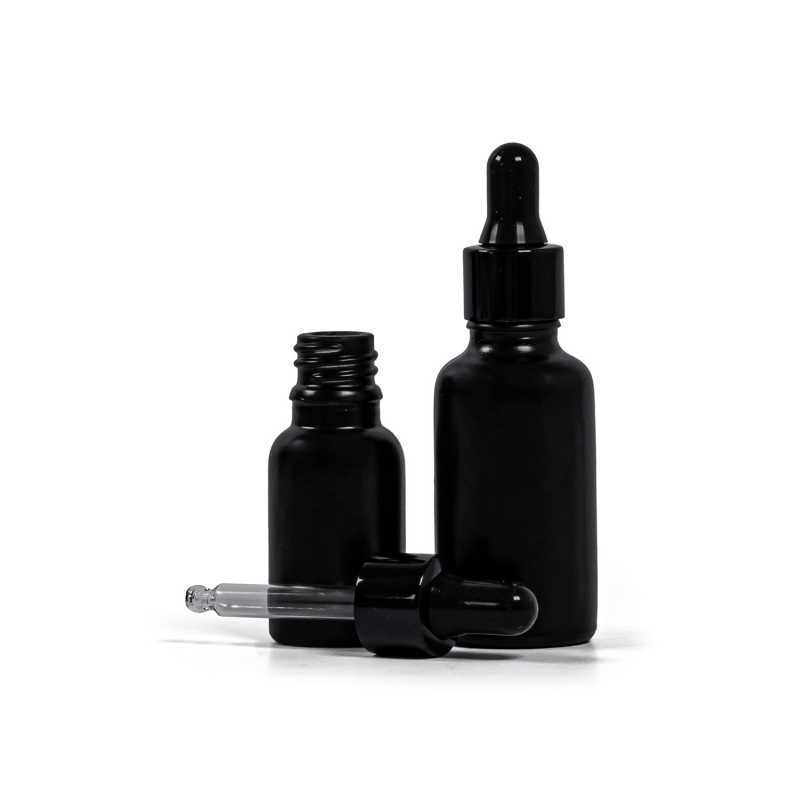 Theglass bottle, the so-called vial, is made of thick glass in black matt finish. It is used for storing liquids, which, thanks to its colour, it effectively pr