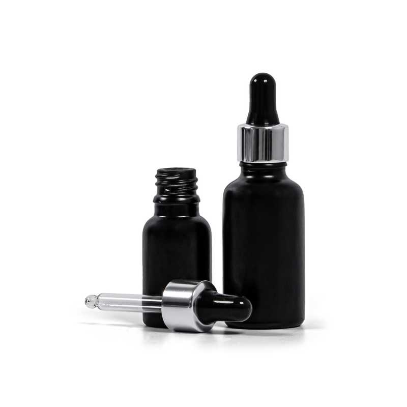 Theglass bottle, the so-called vial, is made of thick glass in black matt finish. It is used for storing liquids, which, thanks to its colour, it effectively pr