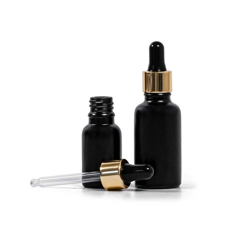 Theglass bottle, the so-called vial, is made of thick glass in black matt finish. It is used for storing liquids, which, thanks to its colour, it effectively pr