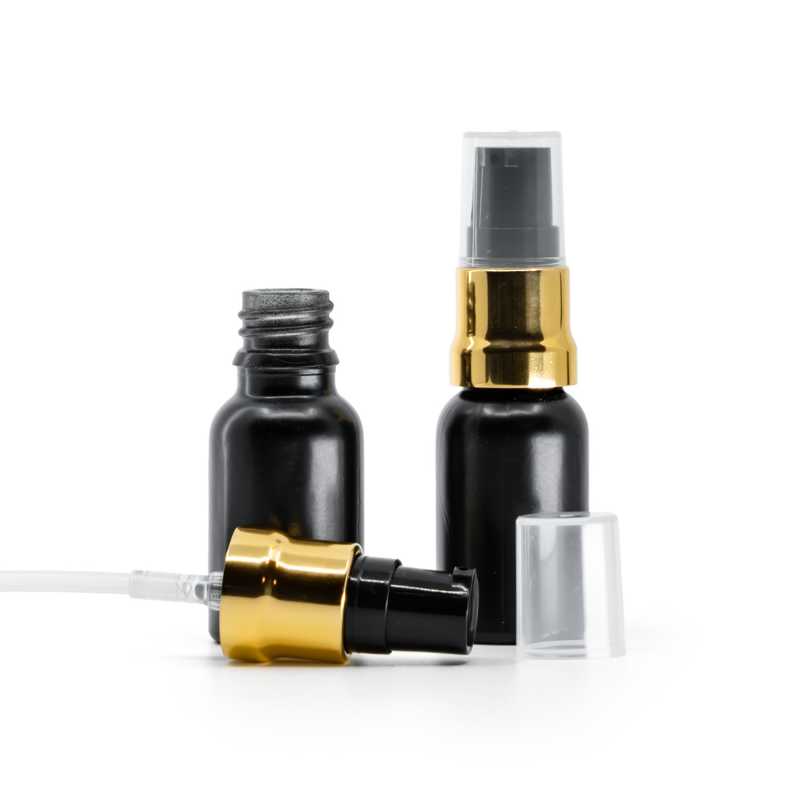Matt Black Glass Bottle, Glossy Gold Black Pump With Clear Overcap, 15 ml
