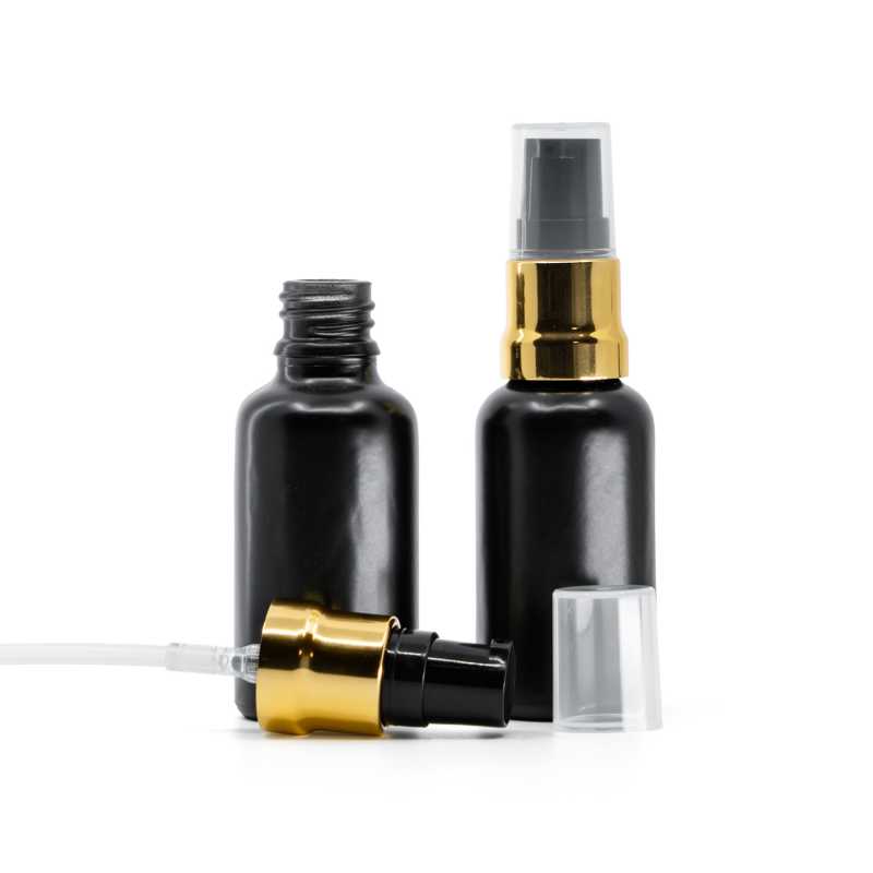 Matt Black Glass Bottle, Glossy Gold Black Pump With Clear Overcap, 30 ml