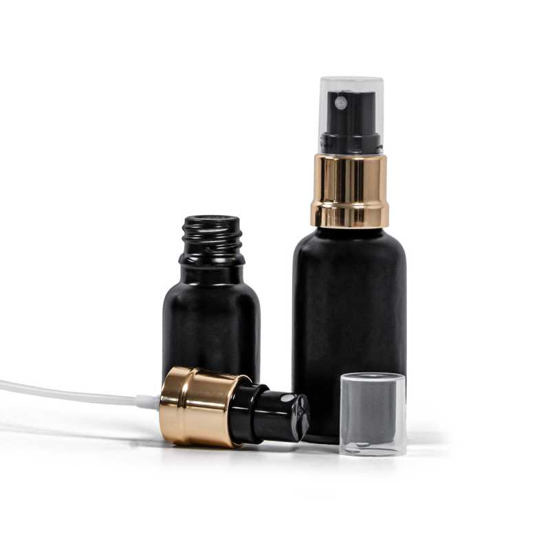 Theglass bottle, the so-called vial, is made of thick glass in black matt finish. It is used for storing liquids, which, thanks to its colour, it effectively pr