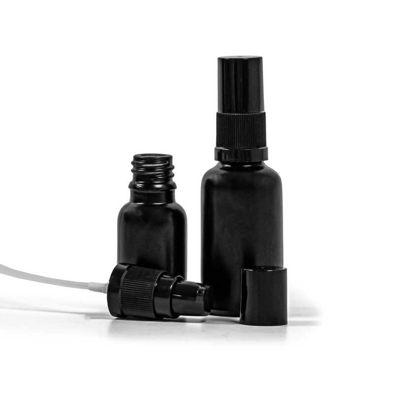 Theglass bottle, the so-called vial, is made of thick glass in black matt finish. It is used for storing liquids, which, thanks to its colour, it effectively pr