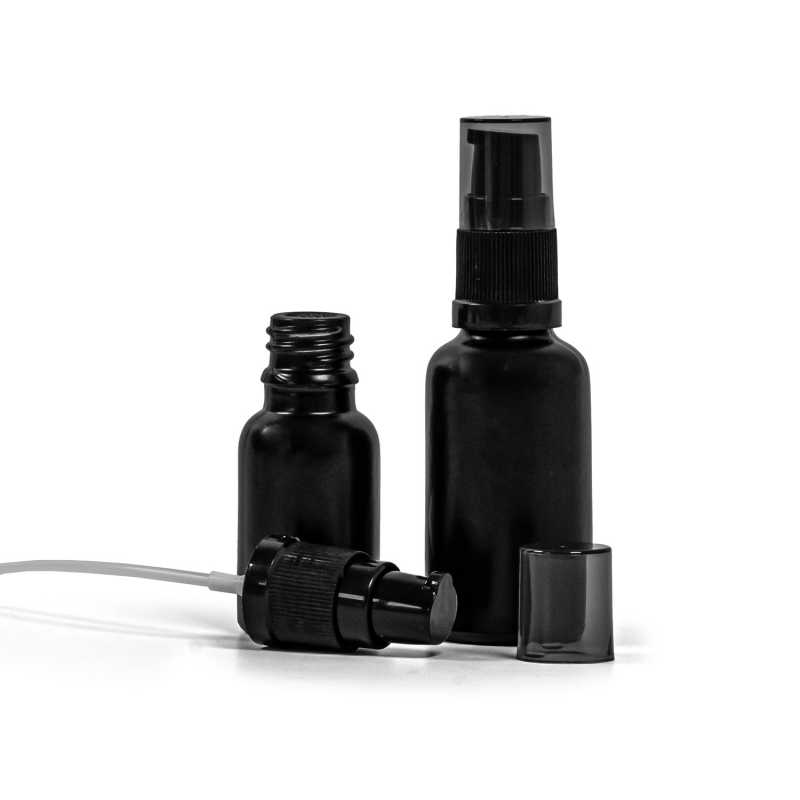 Theglass bottle, the so-called vial, is made of thick glass in black matt finish. It is used for storing liquids, which, thanks to its colour, it effectively pr