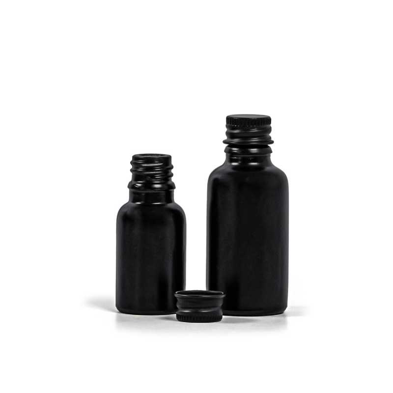 Theglass bottle, the so-called vial, is made of thick glass in black matt finish. It is used for storing liquids, which, thanks to its colour, it effectively pr