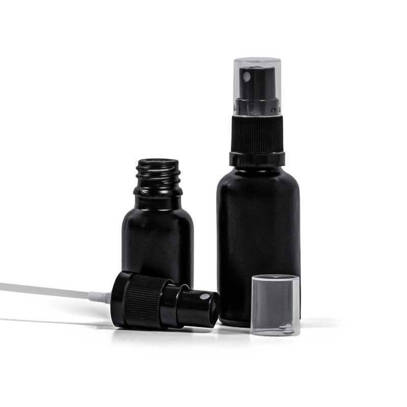 Theglass bottle, the so-called vial, is made of thick glass in black matt finish. It is used for storing liquids, which, thanks to its colour, it effectively pr