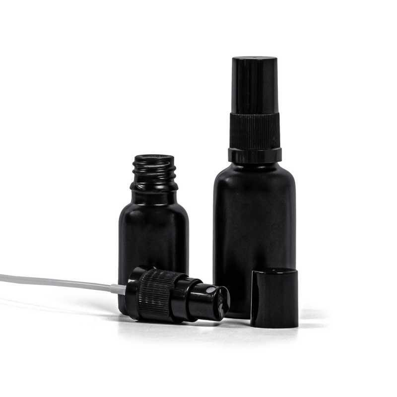 Theglass bottle, the so-called vial, is made of thick glass in black matt finish. It is used for storing liquids, which, thanks to its colour, it effectively pr