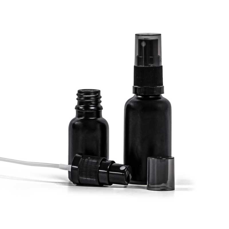 Theglass bottle, the so-called vial, is made of thick glass in black matt finish. It is used for storing liquids, which, thanks to its colour, it effectively pr