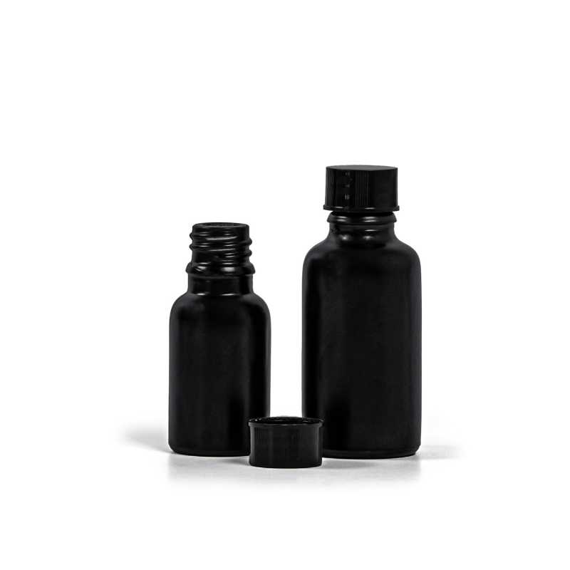 Theglass bottle, the so-called vial, is made of thick glass in black matt finish. It is used for storing liquids, which, thanks to its colour, it effectively pr