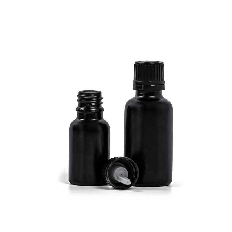 Theglass bottle, the so-called vial, is made of thick glass in black matt finish. It is used for storing liquids, which, thanks to its colour, it effectively pr