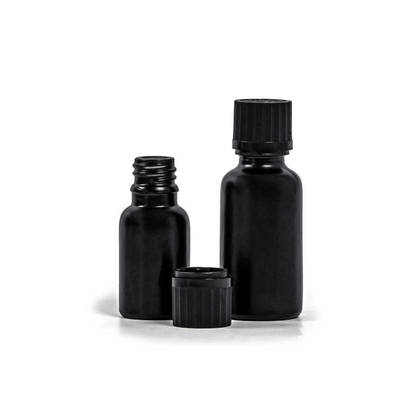 Theglass bottle, the so-called vial, is made of thick glass in black matt finish. It is used for storing liquids, which, thanks to its colour, it effectively pr