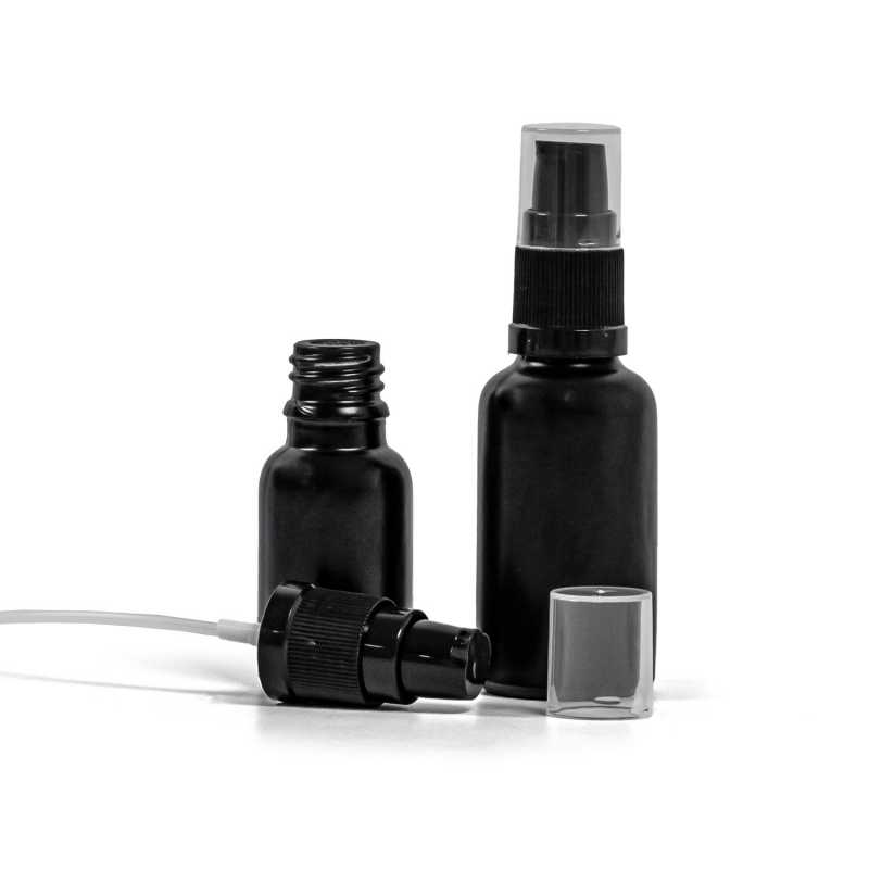 Theglass bottle, the so-called vial, is made of thick glass in black matt finish. It is used for storing liquids, which, thanks to its colour, it effectively pr