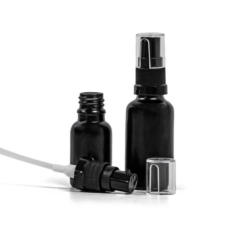 Theglass bottle, the so-called vial, is made of thick glass in black matt finish. It is used for storing liquids, which, thanks to its colour, it effectively pr