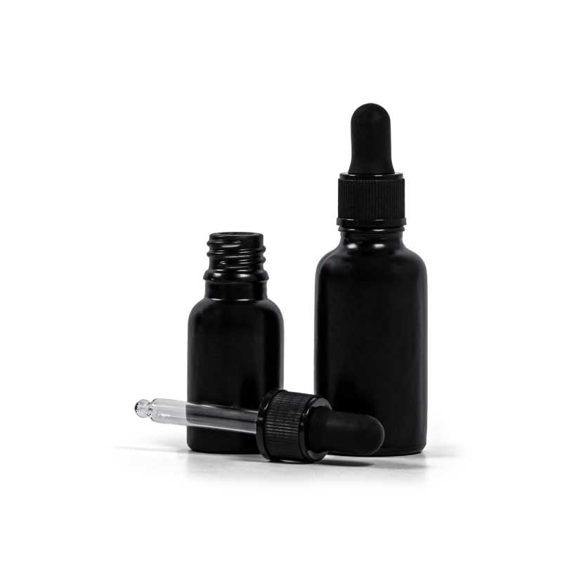 Theglass bottle, the so-called vial, is made of thick glass in black matt finish. It is used for storing liquids, which, thanks to its colour, it effectively pr