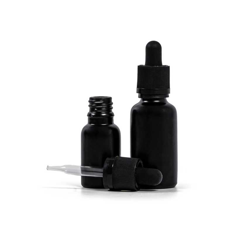 Theglass bottle, the so-called vial, is made of thick glass in black matt finish. It is used for storing liquids, which, thanks to its colour, it effectively pr