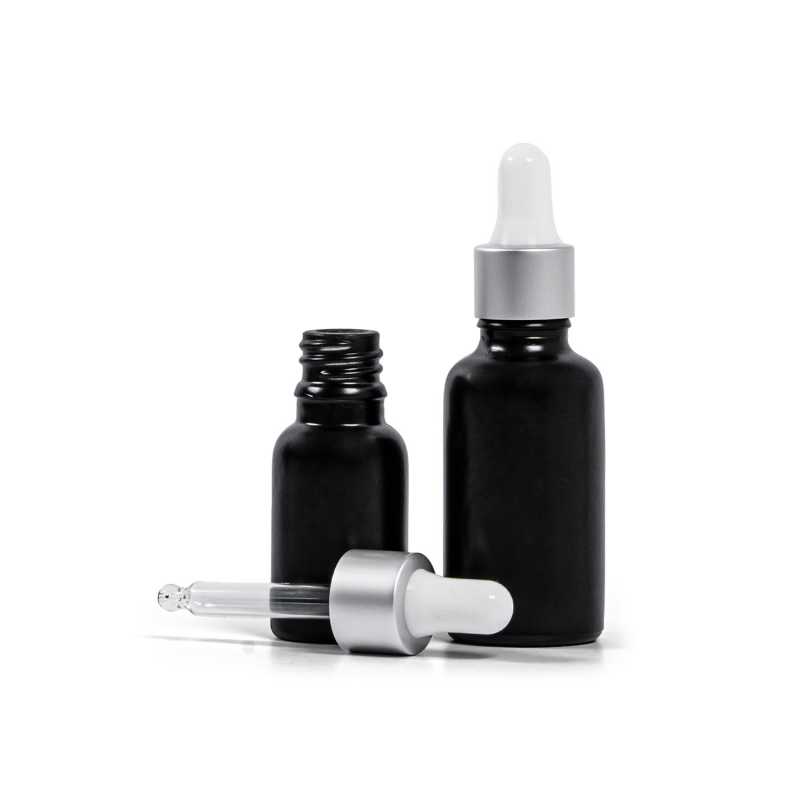 Theglass bottle, the so-called vial, is made of thick glass in black matt finish. It is used for storing liquids, which, thanks to its colour, it effectively pr