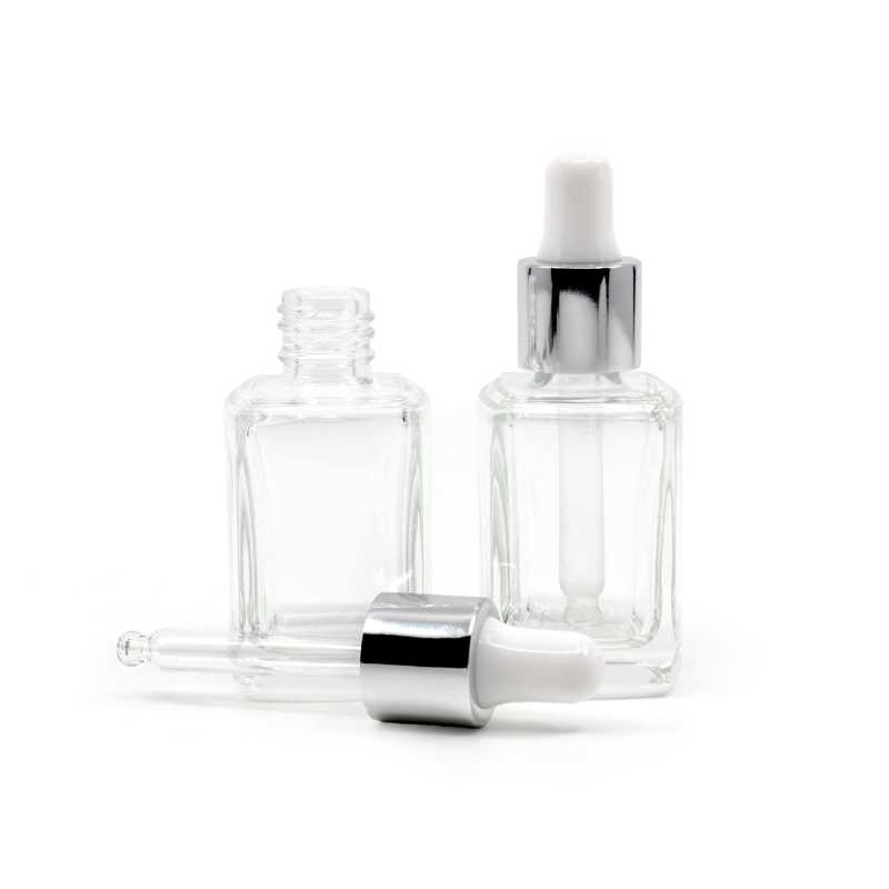Clear Glass Square Bottle, 13/410, 10 ml, Glossy Silver White Dropper