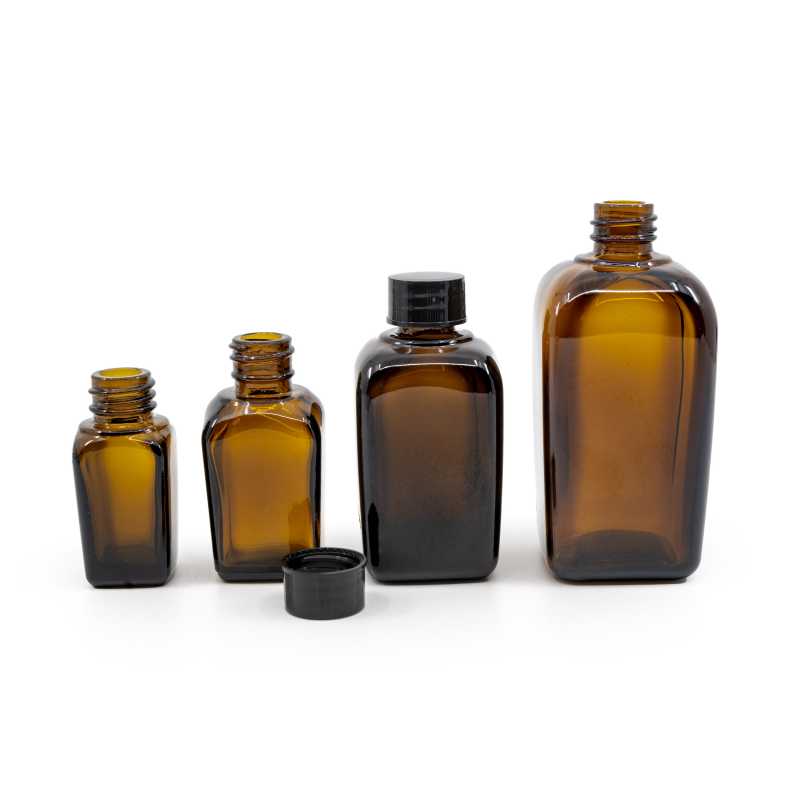 The square glass bottle, called the vial, is made of thick glass of dark brown colour. It is used for storing liquids, which, thanks to its colour, it effective