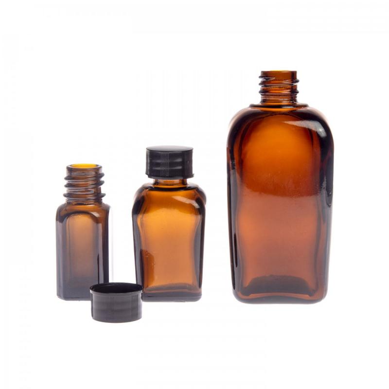 The square glass bottle, called the vial, is made of thick glass of dark brown colour. It is used for storing liquids, which, thanks to its colour, it effective