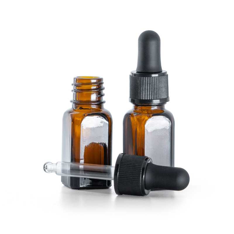 Amber Glass Angular Bottle, Matte Black Plastic Dropper, 10 ml
