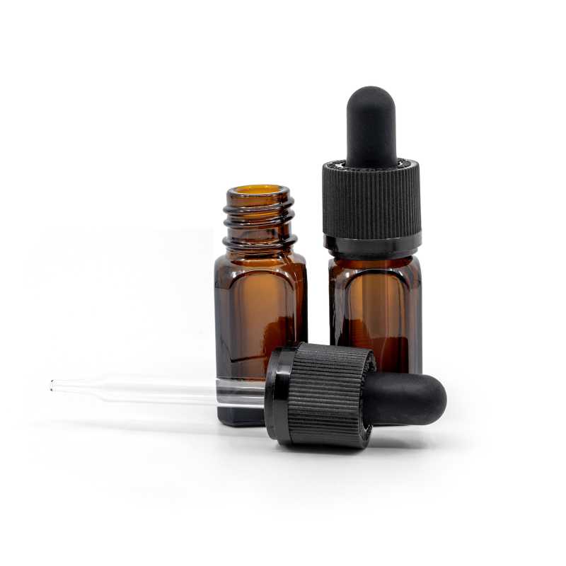 Amber Glass Angular Bottle, Black Tamper Evident Safety Dropper, 10 ml