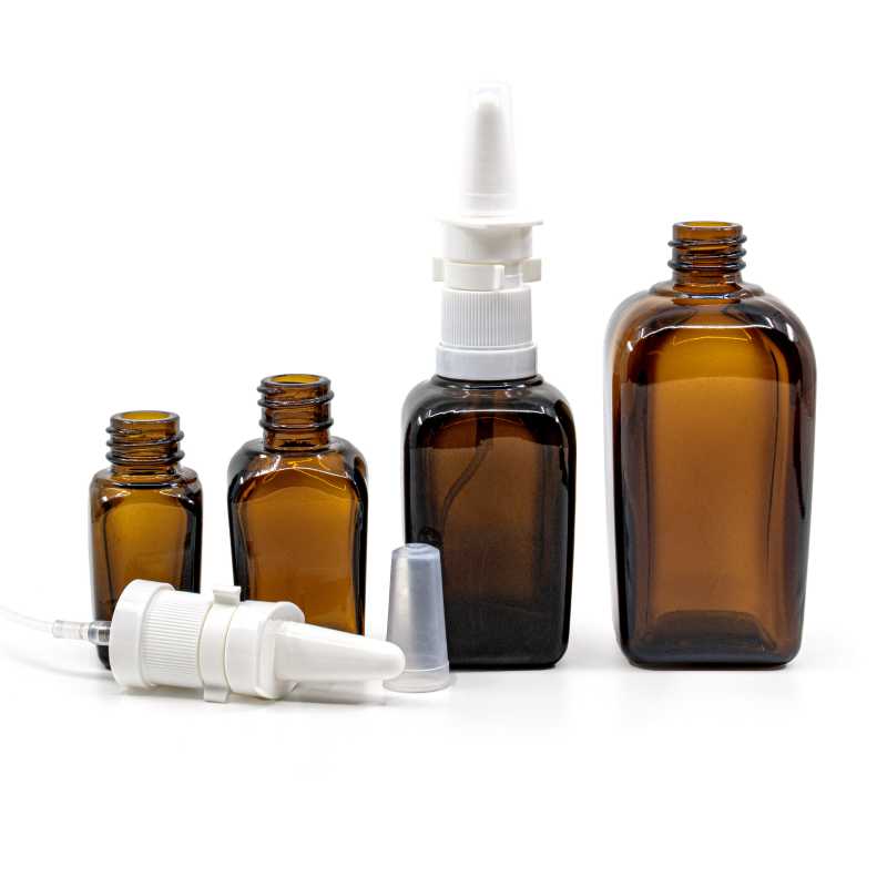 Amber Glass Square Bottle, White Nasal Spray, 10 ml