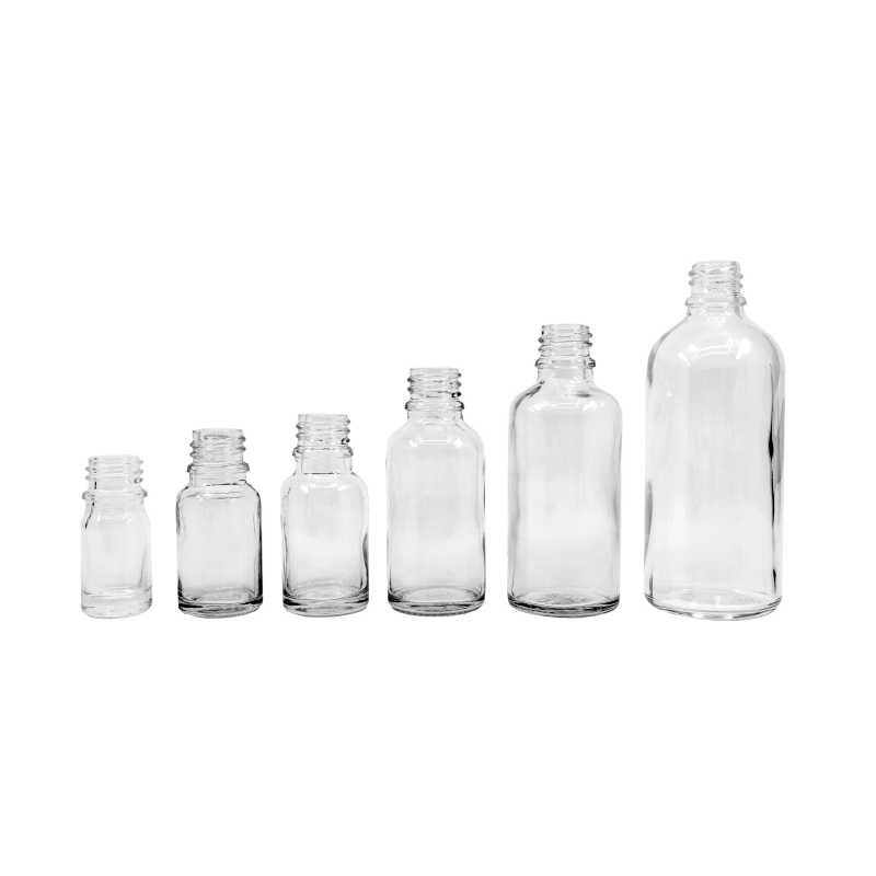 The glass bottle, the so-called vial, is made of thick transparent glass. It is used for storing liquids.Volume: 10 ml, total volume 15 mlHeight of bottle: 59,5