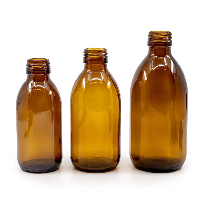 Theglass bottle, called vial, with a volume of 100 ml, is made of thick glass of dark brown colour. It is used for storing liquids, which thanks to its colour i