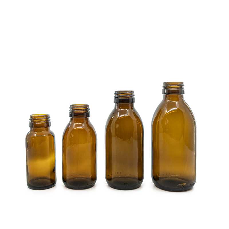 Theglass bottle, called vial, with a volume of 100 ml, is made of thick glass of dark brown colour. It is used for storing liquids, which thanks to its colour i