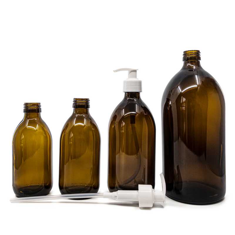 Theglass bottle is made of thick, dark brown glass with avolume of 250 ml. It is used for storing liquids, which thanks to its colour it effectively protects fr