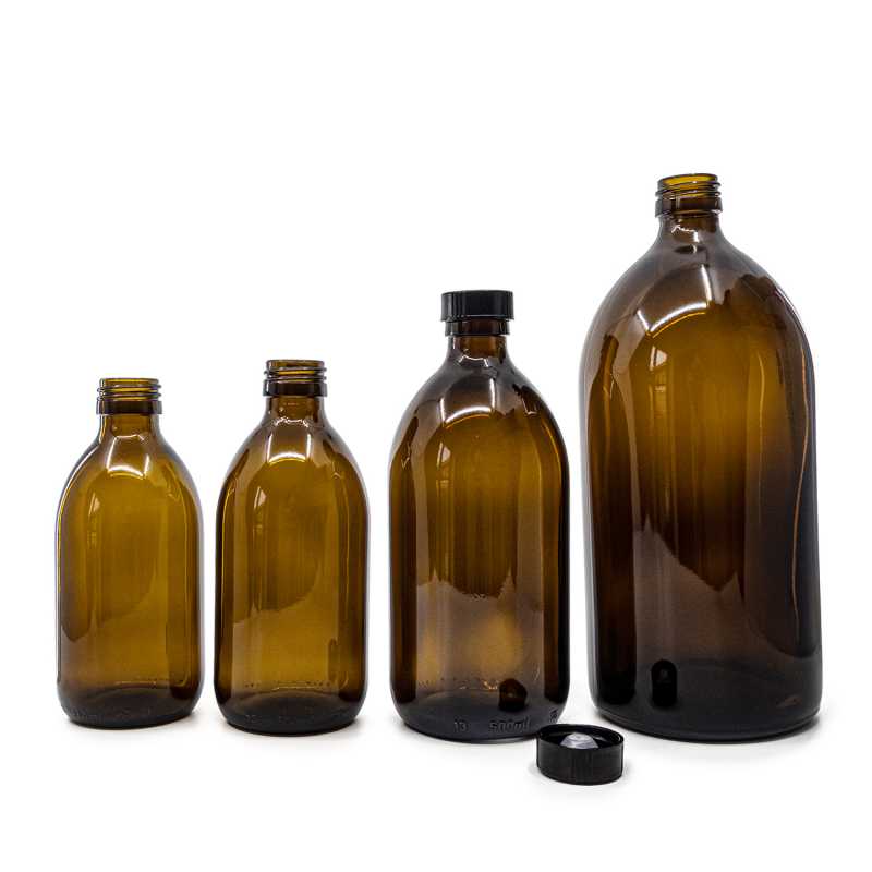 Theglass bottle is made of thick, dark brown glass with avolume of 250 ml. It is used for storing liquids, which thanks to its colour it effectively protects fr