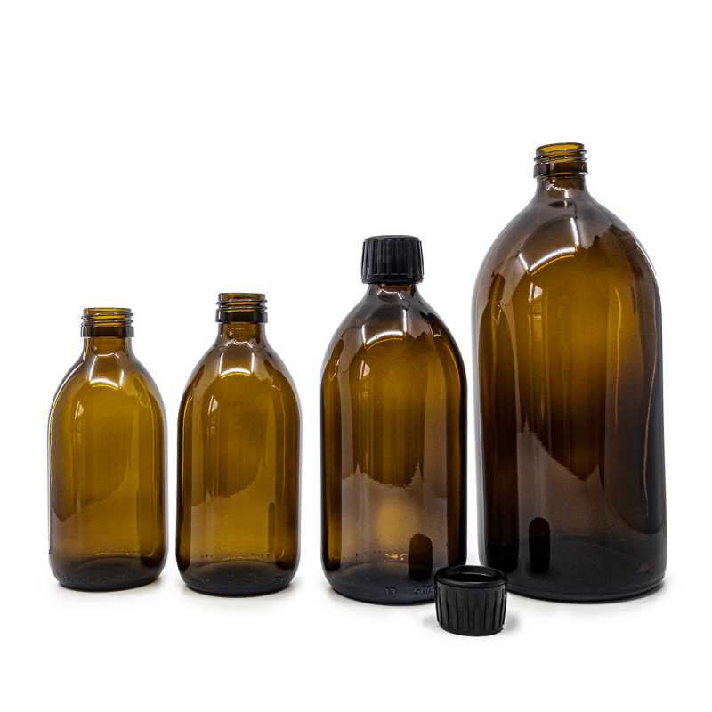 Theglass bottle is made of thick, dark brown glass with avolume of 250 ml. It is used for storing liquids, which thanks to its colour it effectively protects fr