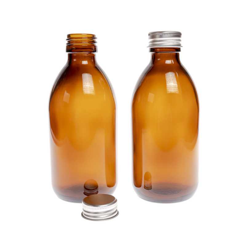 Theglass bottle is made of thick, dark brown glass with avolume of 250 ml. It is used for storing liquids, which thanks to its colour it effectively protects fr