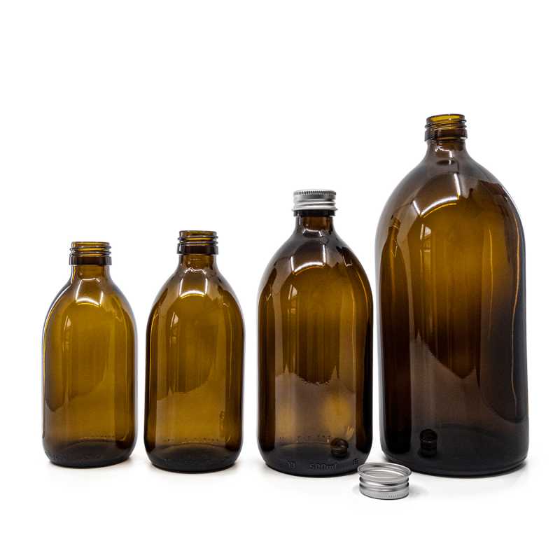 Theglass bottle is made of thick, dark brown glass with avolume of 250 ml. It is used for storing liquids, which thanks to its colour it effectively protects fr