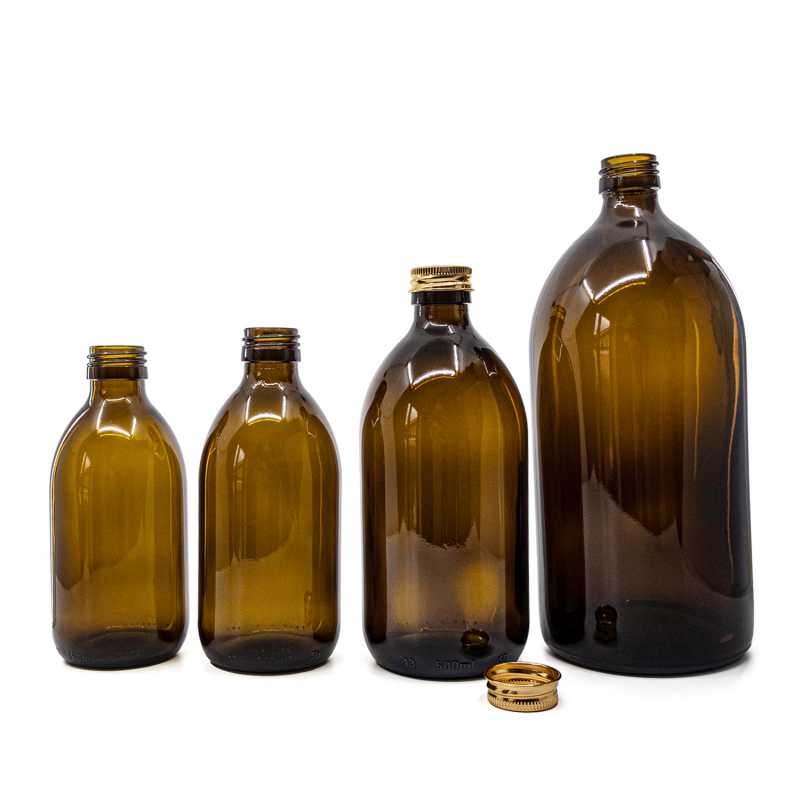 Theglass bottle is made of thick, dark brown glass with avolume of 250 ml. It is used for storing liquids, which thanks to its colour it effectively protects fr