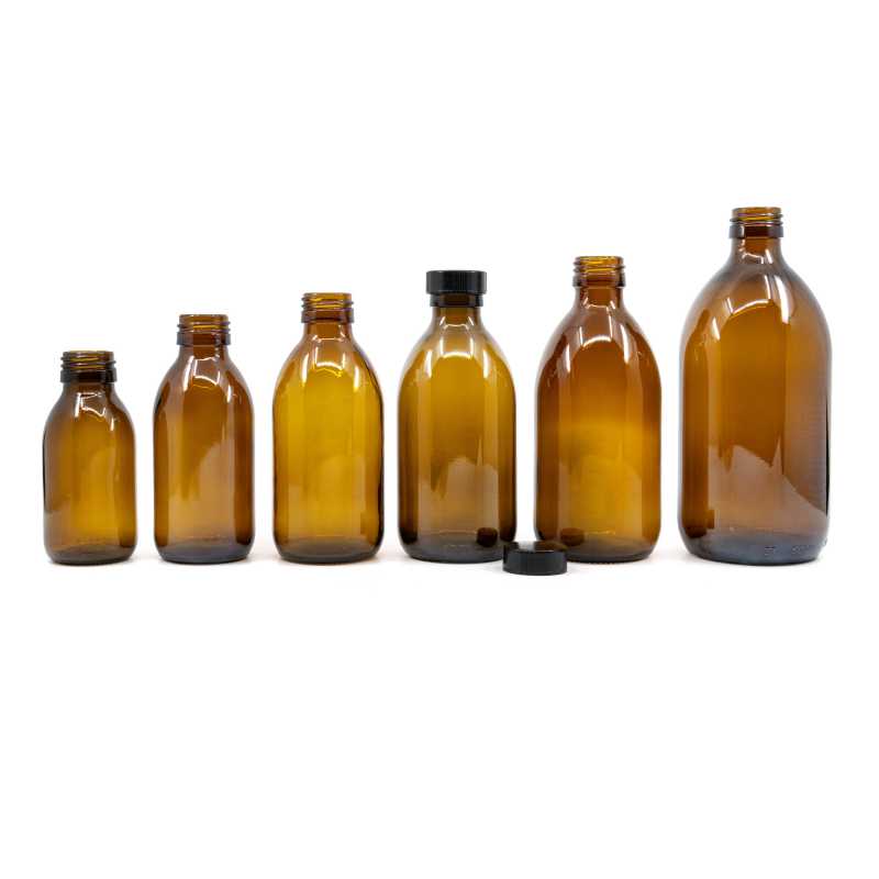 The glass bottle, the so-called BOSTON-type vial, is made of thick, dark brown glass. It is used for storing liquids, which, thanks to its colour, are effective