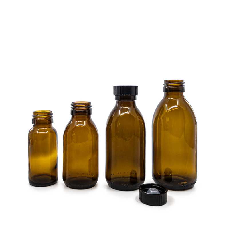 Theglass bottle, called vial, with a volume of 100 ml, is made of thick glass of dark brown colour. It is used for storing liquids, which thanks to its colour i