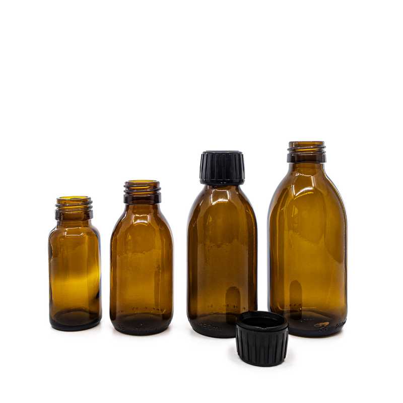 Theglass bottle, called vial, with a volume of 100 ml, is made of thick glass of dark brown colour. It is used for storing liquids, which thanks to its colour i