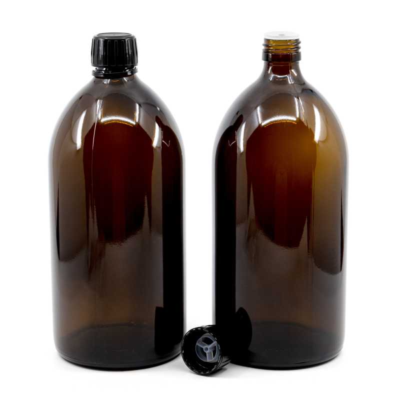 The glass bottle, the so-called vial or syrup bottle, is made of thick glass of dark brown colour. It is used for storing liquids, which, thanks to its colour, 