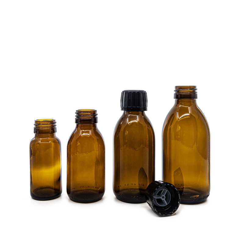 Theglass bottle, called vial, with a volume of 100 ml, is made of thick glass of dark brown colour. It is used for storing liquids, which thanks to its colour i