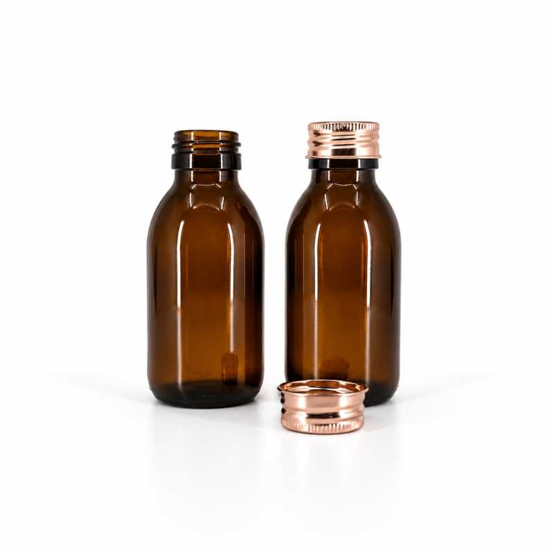 Amber Round Sirup Glass Bottle, 28 mm, Rose Gold Aluminium Cap, 100 ml