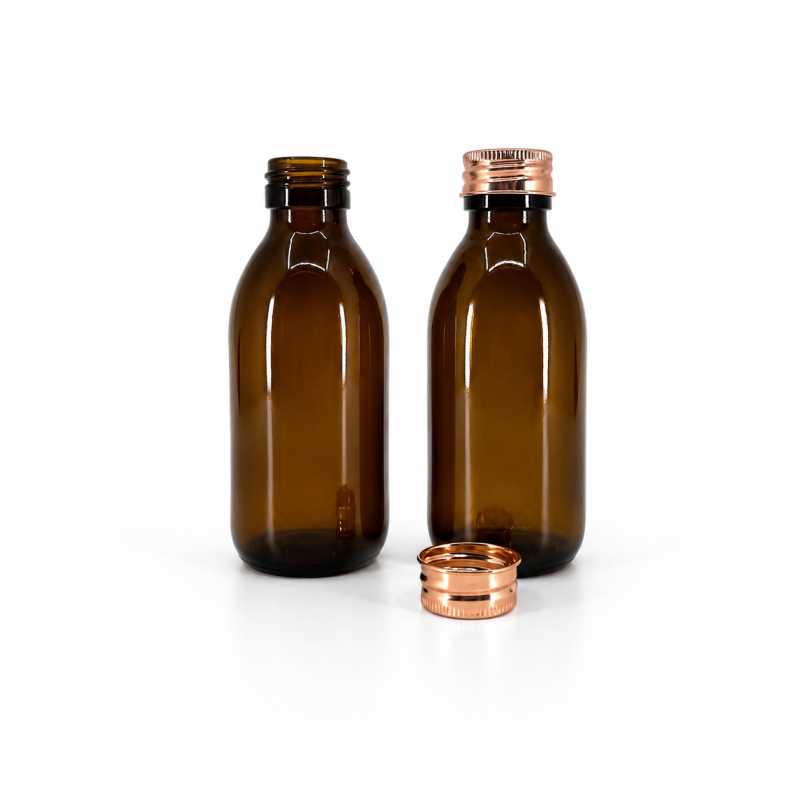 Amber Round Sirup Glass Bottle, PP28, Rose Gold Aluminium Cap, 150 ml