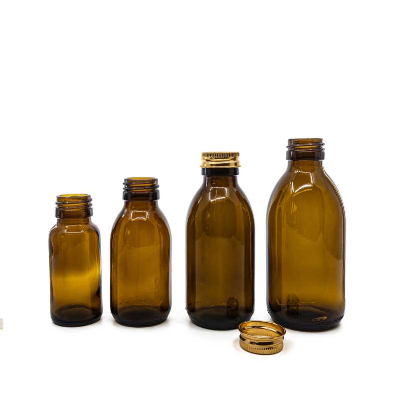 Amber Round Sirup Glass Bottle, 28 mm, Rose Gold Aluminium Cap, 200 ml