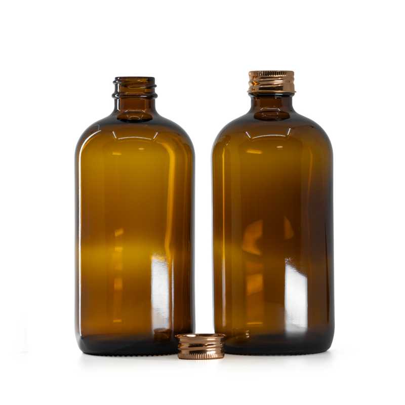 Amber Round Boston Glass Bottle, Rose Gold Aluminium Cap, 480 ml