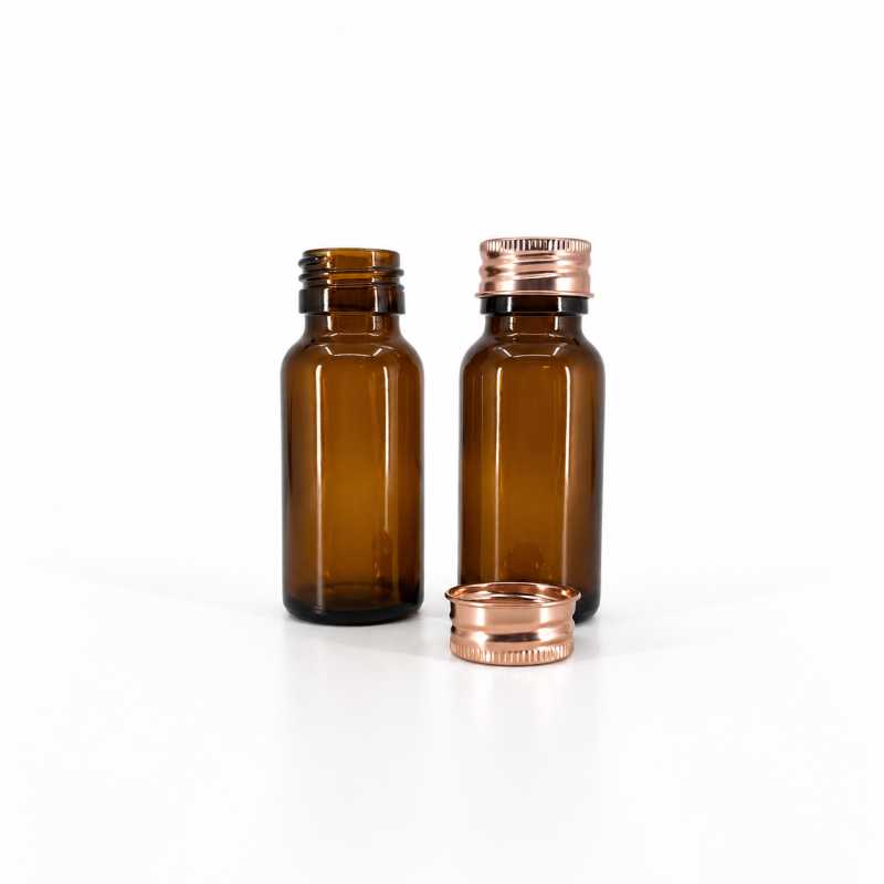 Amber Round Sirup Glass Bottle, 28 mm, Rose Gold Aluminium Cap, 50 ml